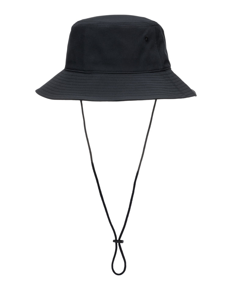 Back view of black Roxy bucket hat with adjustable chin strap.