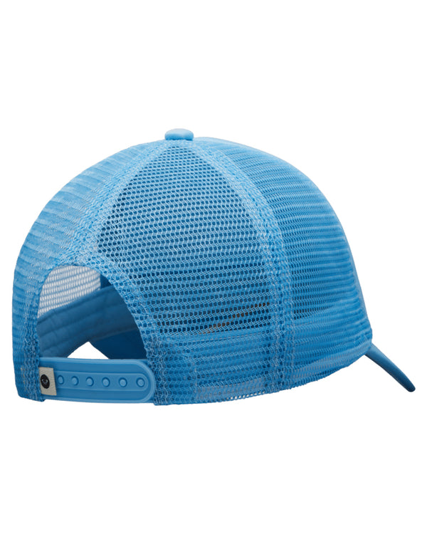 Back view of light blue Roxy trucker cap with adjustable snapback and breathable mesh panels