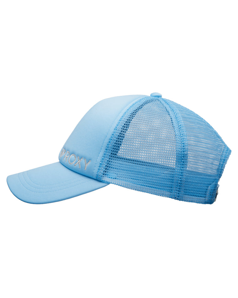 Side view of light blue Roxy mesh trucker cap with curved brim and front embroidery