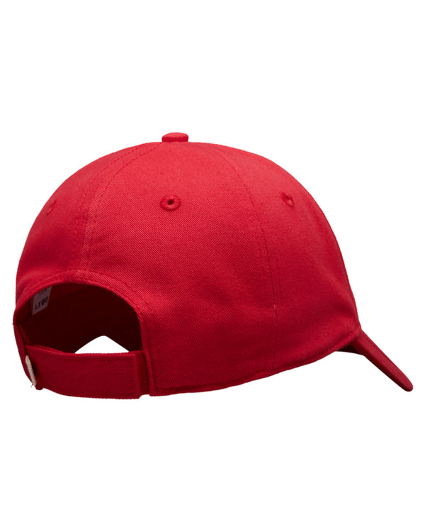 Back view of red Roxy cap with adjustable strap and metal clasp.