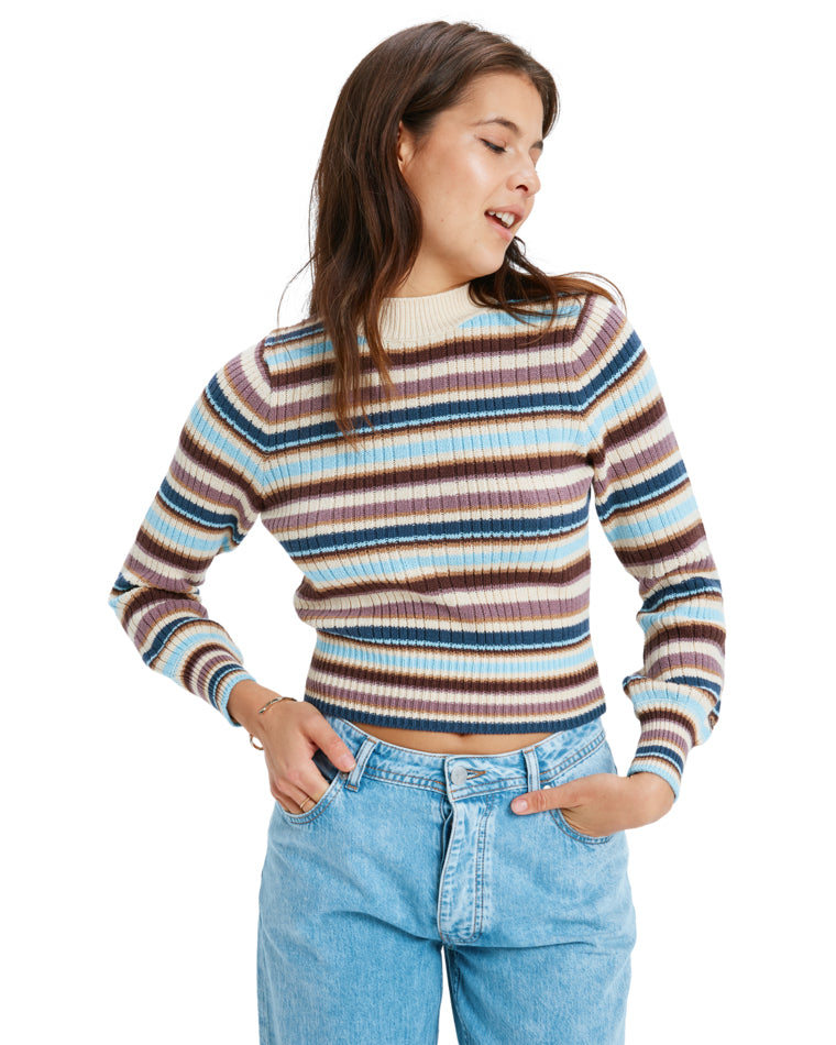 Women's ribbed knit jumper with horizontal stripes in blue, cream, and purple tones