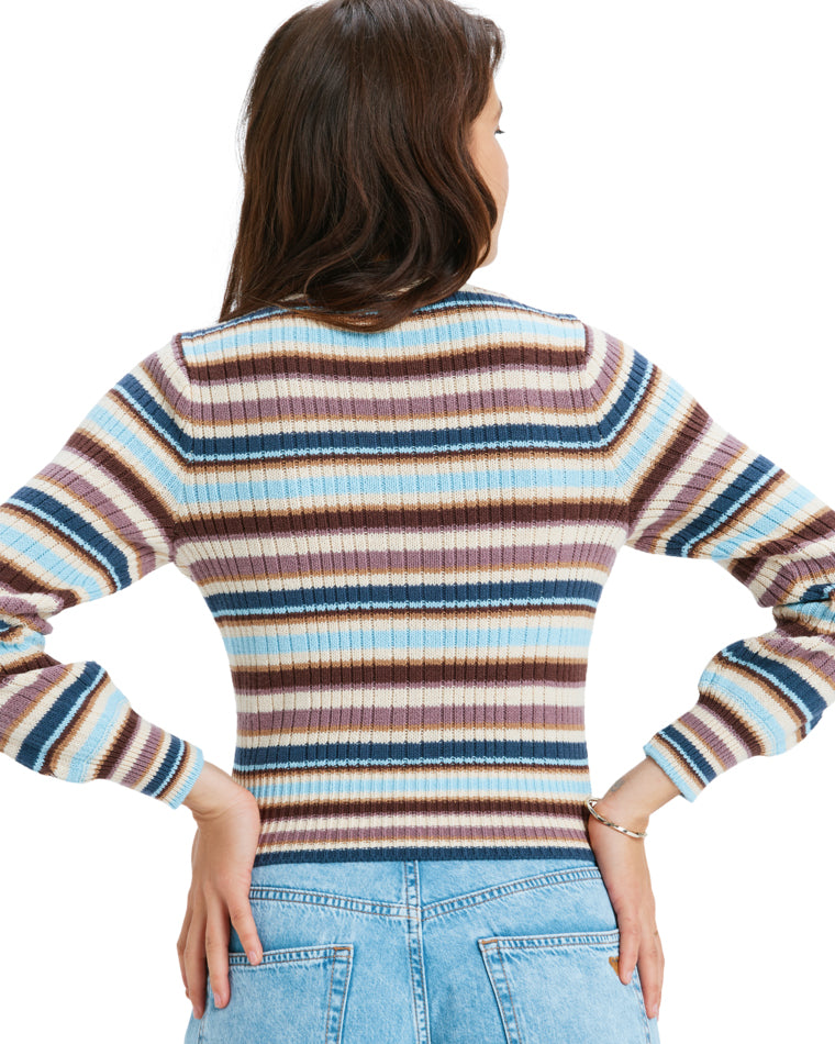 Back view of striped ribbed knit jumper with fitted waist and long sleeves