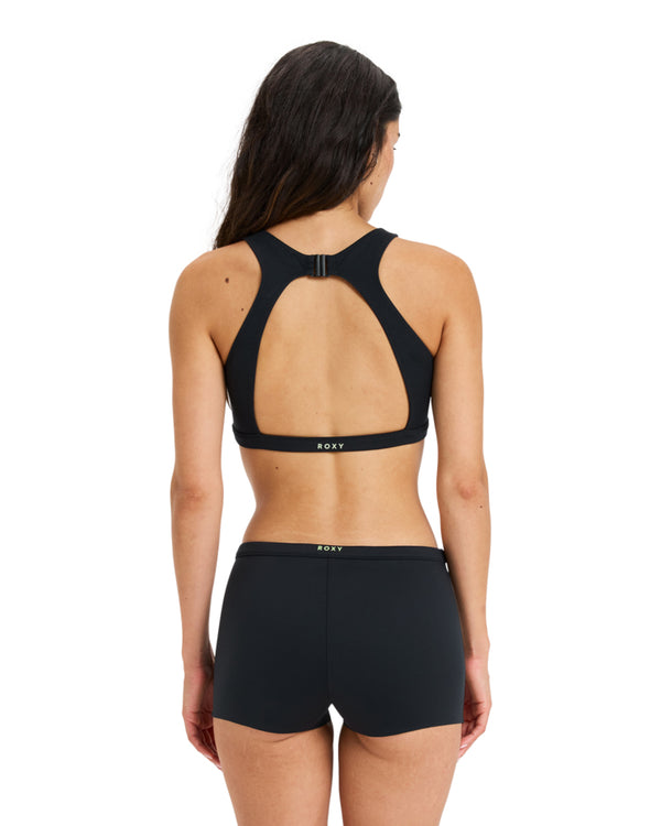 Back view of black Roxy swim set with racerback and keyhole cut-out.