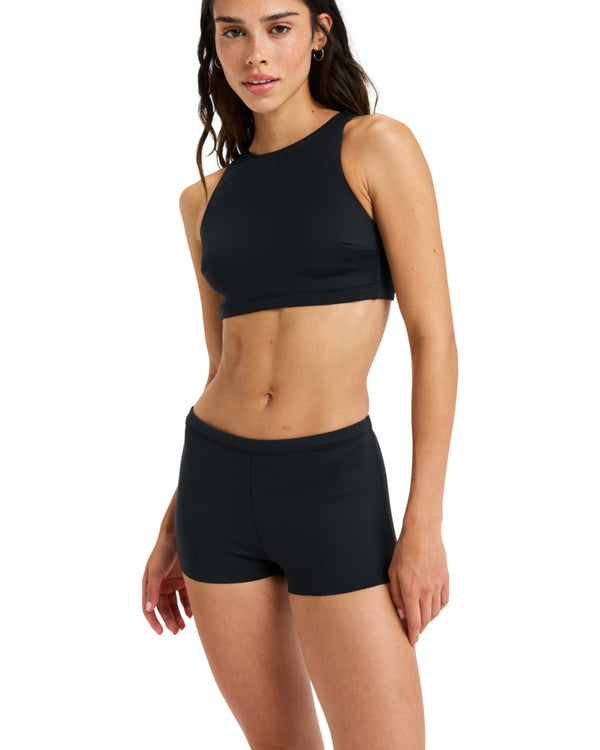Roxy women's black swim set with high neck crop top and boyleg bottoms in sleek stretch fabric