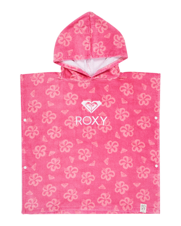 Pink floral kids' hooded towel poncho with Roxy logo and snap buttons down the sides.