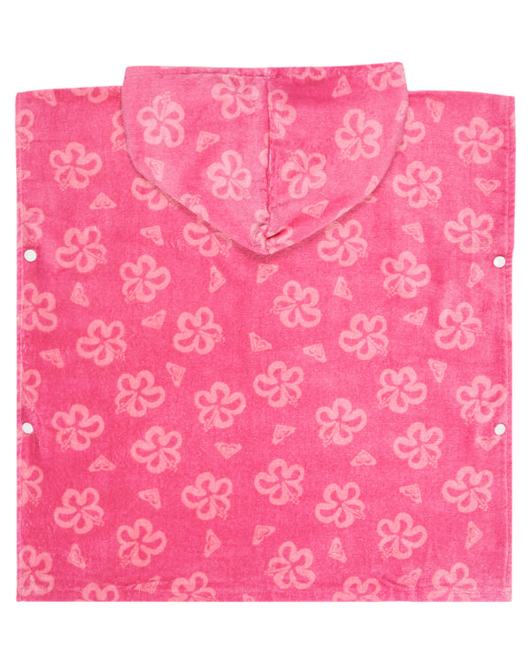 Back view of pink floral Roxy hooded towel poncho with all-over hibiscus and triangle motifs.