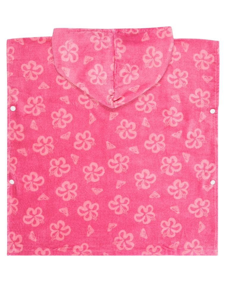 Back view of pink floral Roxy hooded towel poncho with all-over hibiscus and triangle motifs.