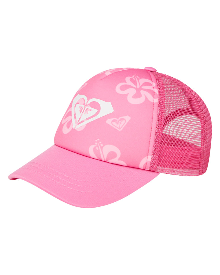 Angled view of Roxy pink floral trucker cap with curved brim and mesh back