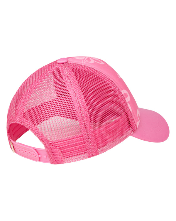 Back view of pink Roxy mesh trucker hat with adjustable snapback strap