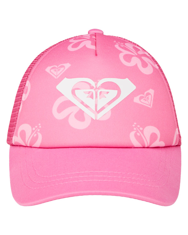 Roxy pink trucker cap with hibiscus print and white logo on structured front panel