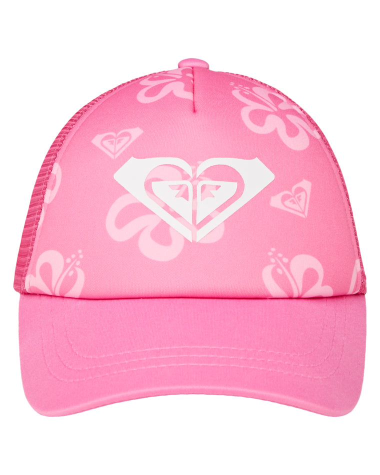 Roxy pink trucker cap with hibiscus print and white logo on structured front panel