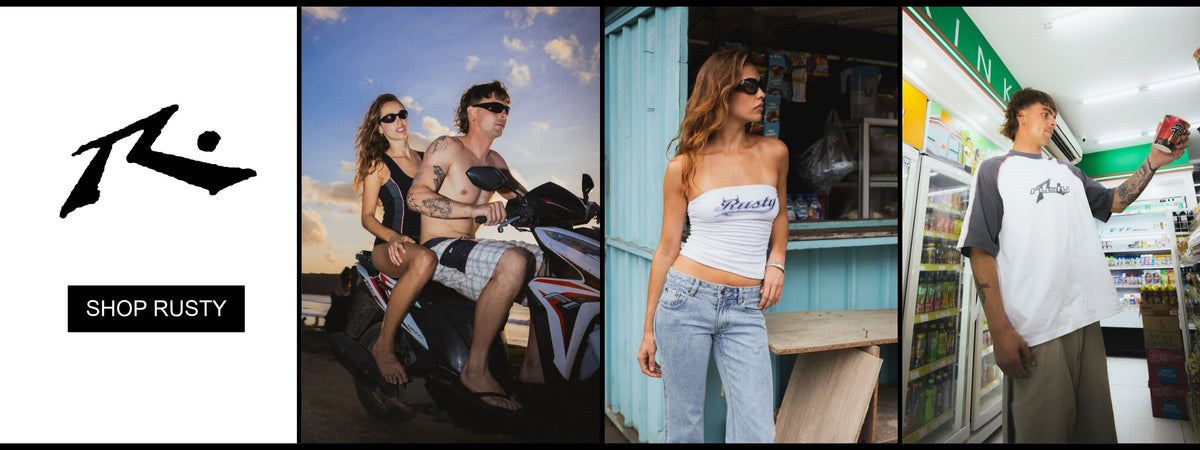 Rusty summer collection: a couple on a scooter at a sunset beach, a woman in a white Rusty tube top and light-wash jeans, and a man in an oversized Rusty raglan tee in a convenience store. Shop Rusty.