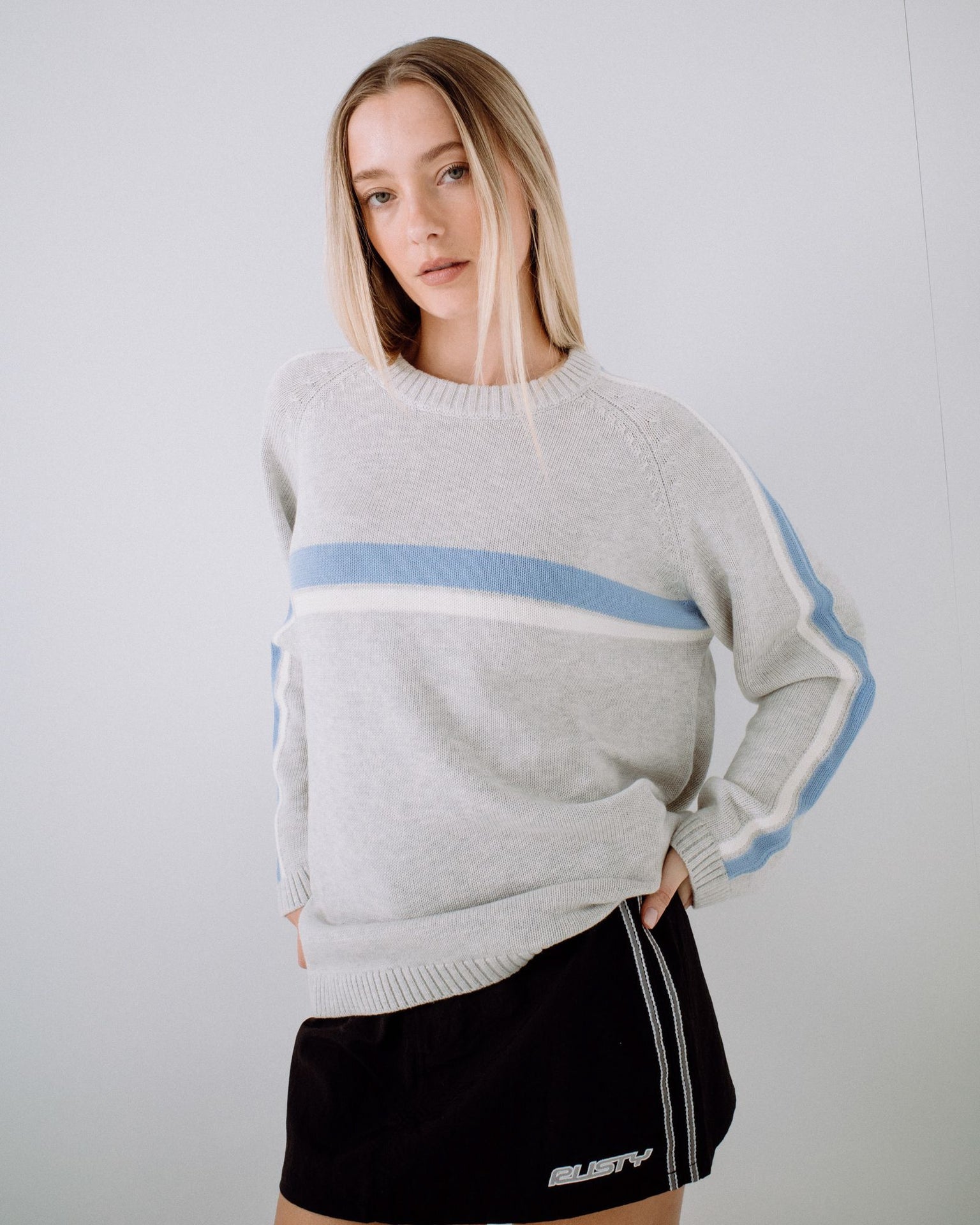 White Lines Long Sleeve Crew Neck Knit