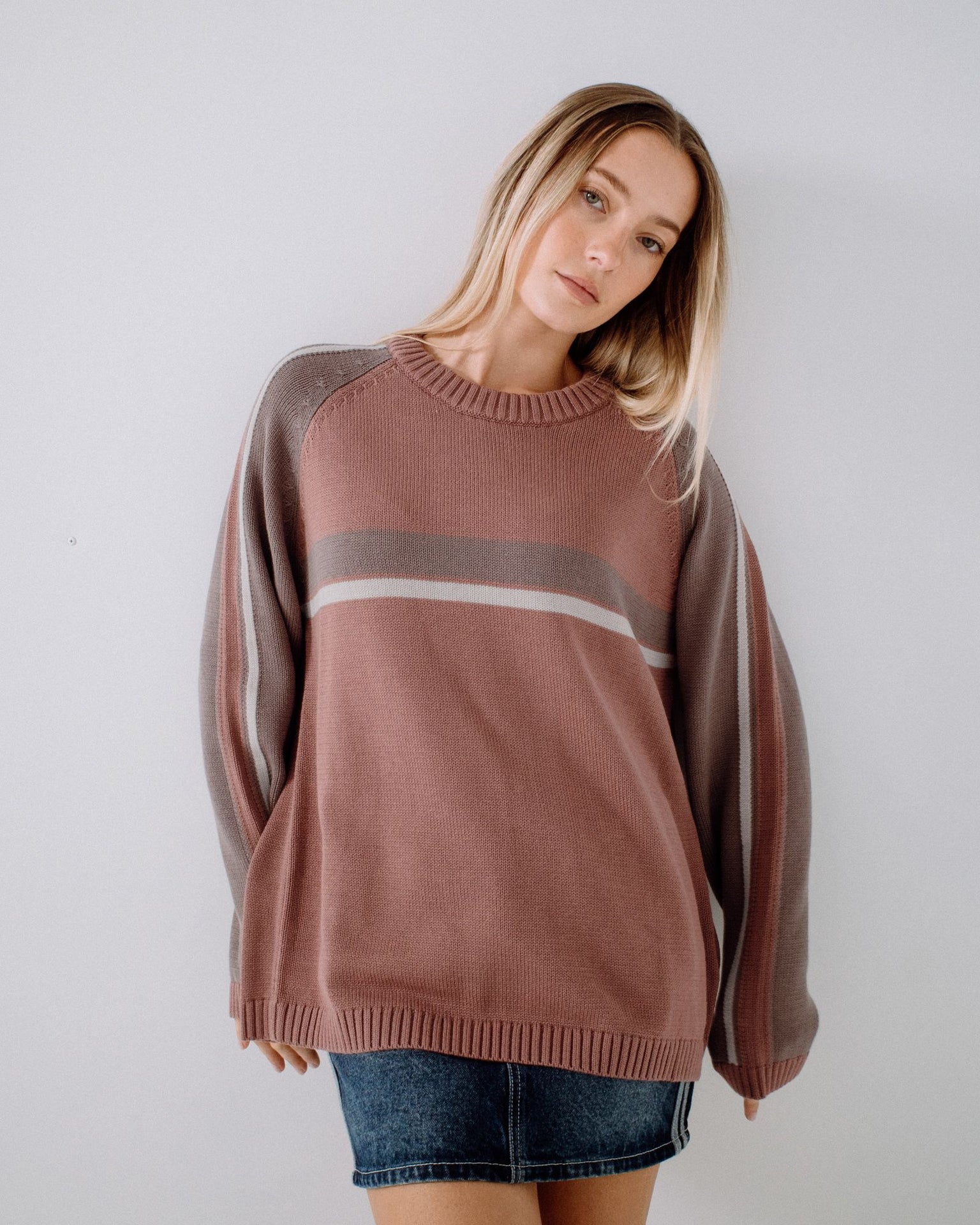 White Lines Two Long Sleeve Crew Neck Knit
