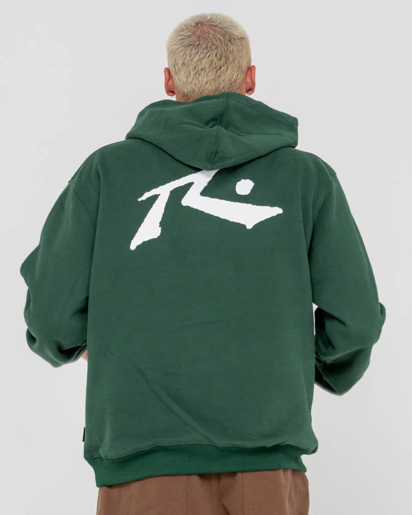 Back view of a forest green hoodie featuring a large white stylized logo, worn by a model with a relaxed fit.