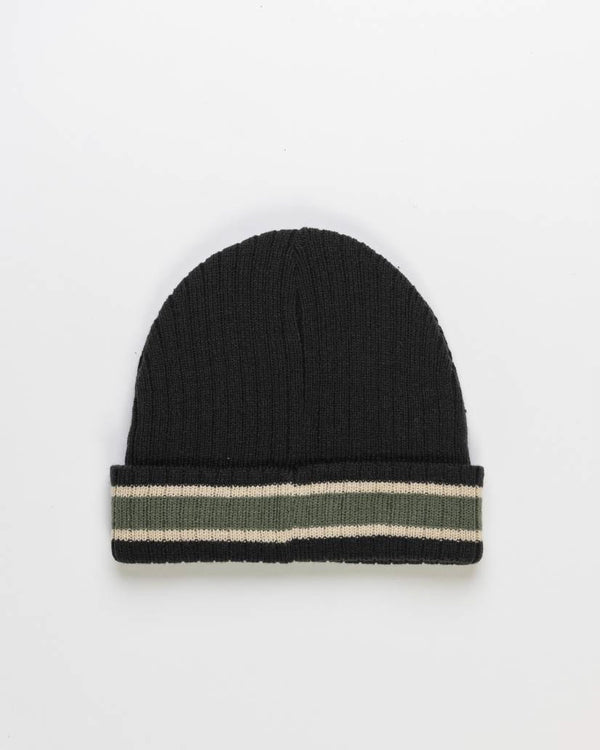 Black knitted beanie with a striped fold-over cuff in green and beige, featuring a ribbed texture for a snug fit.