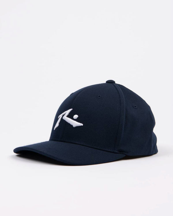 Navy blue baseball cap with a curved brim and white embroidered logo on the front, featuring a structured six-panel design.