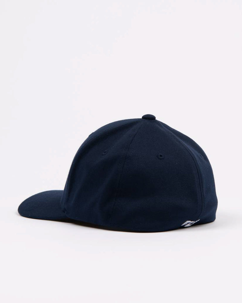 Back view of a navy blue baseball cap with a structured six-panel design, curved brim, and small logo detail near the edge.