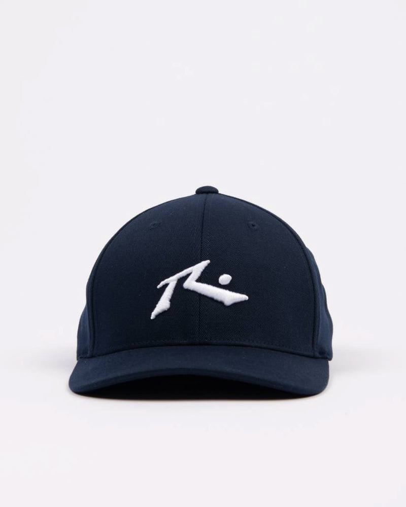 Front view of a navy blue baseball cap featuring a white embroidered logo on the structured six-panel crown with a curved brim.