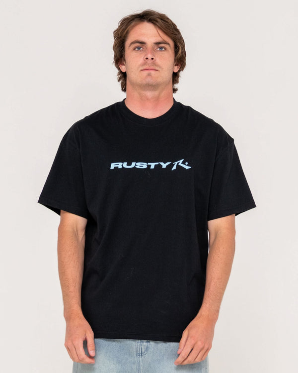 Black Rusty t-shirt with blue logo print on the chest, styled with a relaxed fit