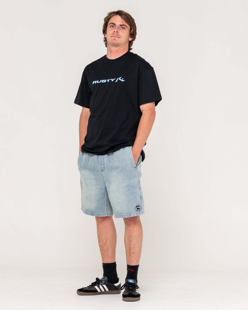 Full outfit with black Rusty t-shirt, denim shorts, black socks and sneakers