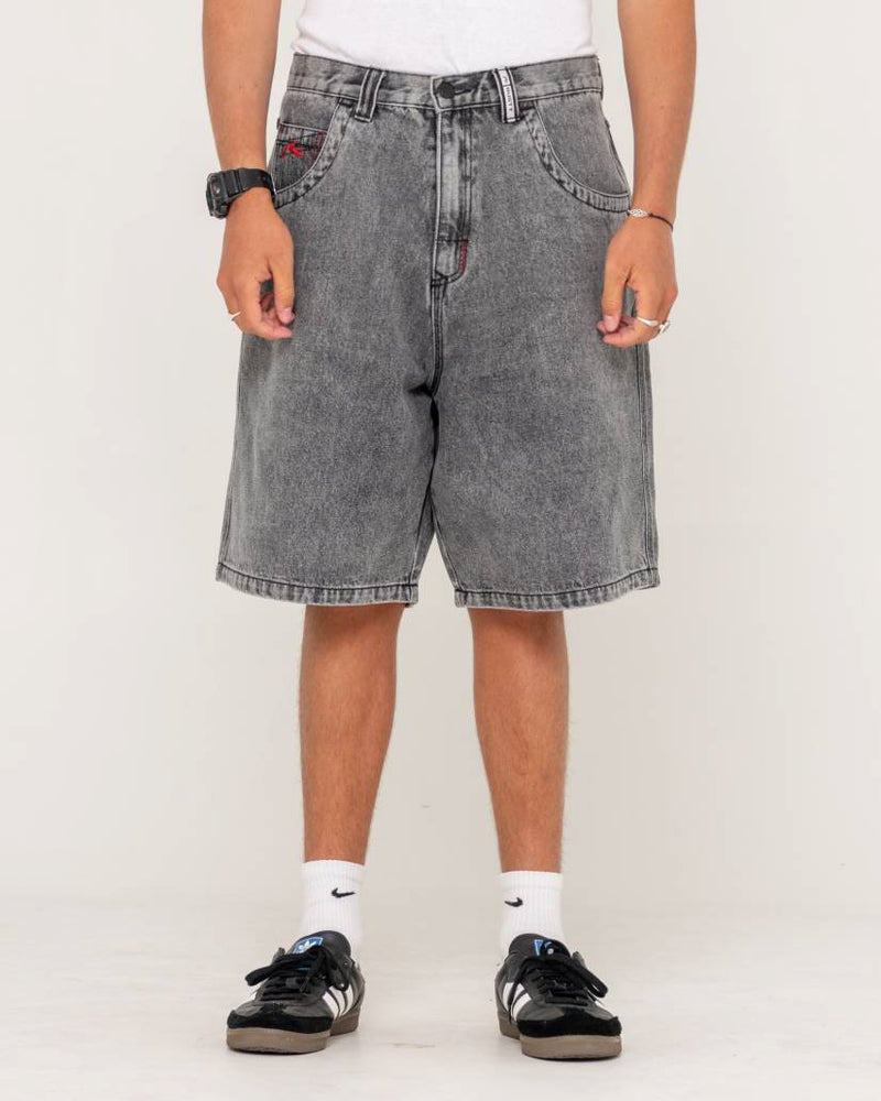 Men's grey washed denim shorts with a relaxed fit, belt loops, front pockets, and subtle red stitching details.