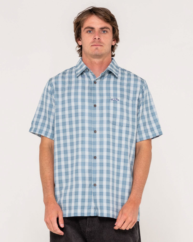 Front view of blue check short sleeve shirt with collar and button-up closure