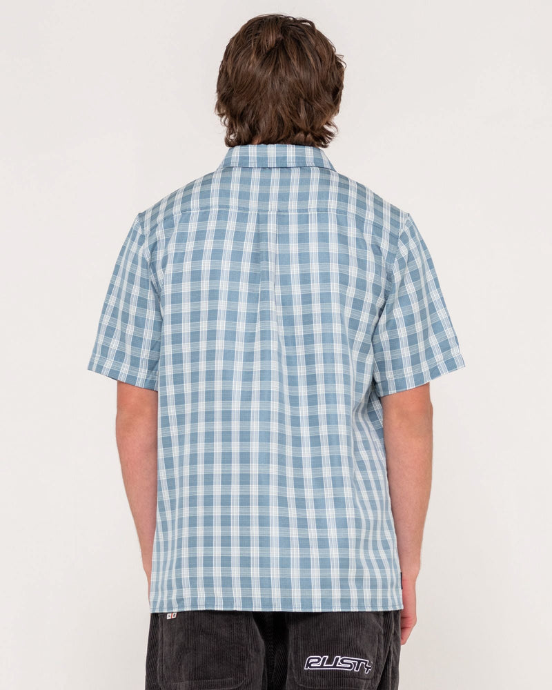 Back view of blue check short sleeve shirt with classic straight hem and relaxed fit
