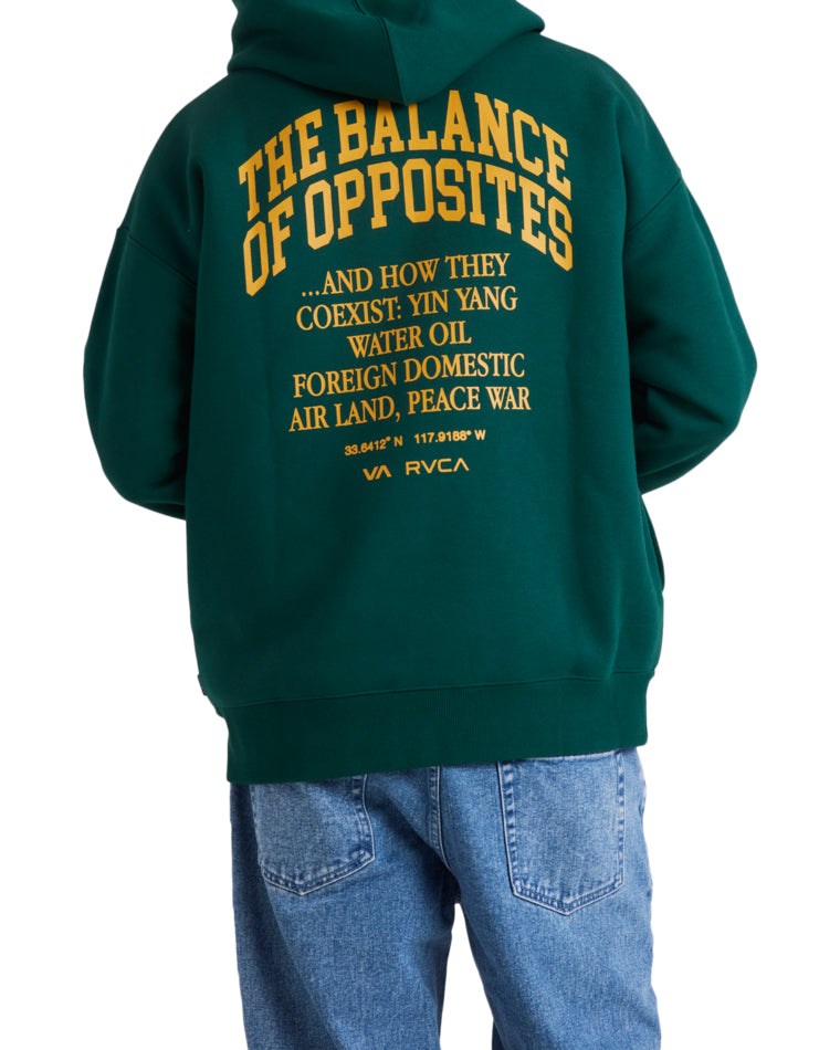 Back view of dark green RVCA hoodie with bold gold 'The Balance of Opposites' text and philosophical phrases.