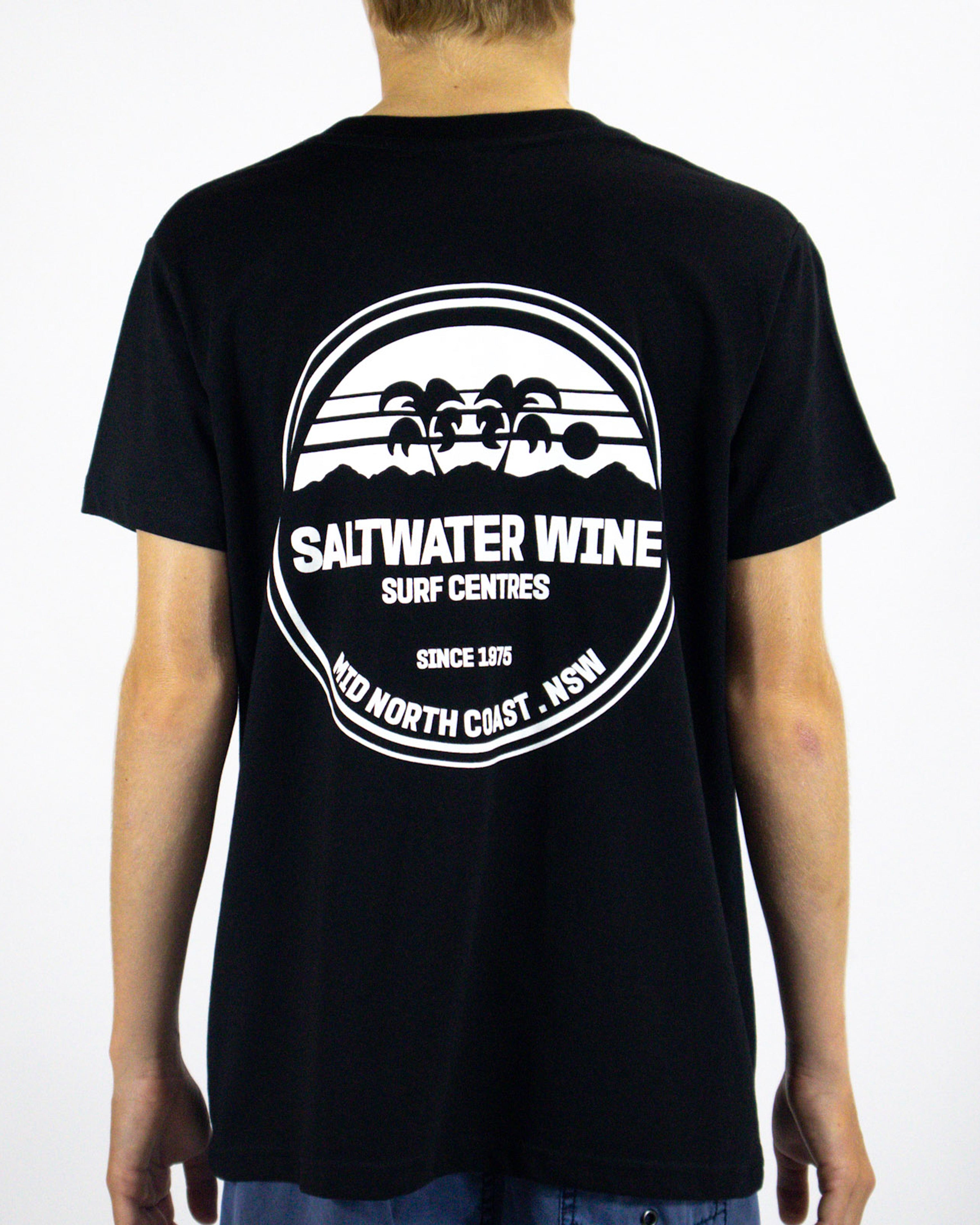 Back view of black tee showing large white Saltwater Wine logo design.