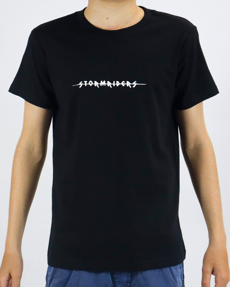 Black t-shirt with short sleeves and a white "STORMRIDERS" logo across the chest.
