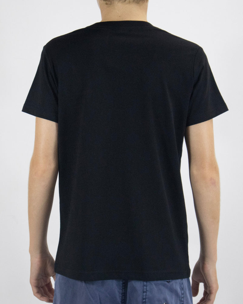 Back view of a plain black short-sleeve t-shirt with no visible design.