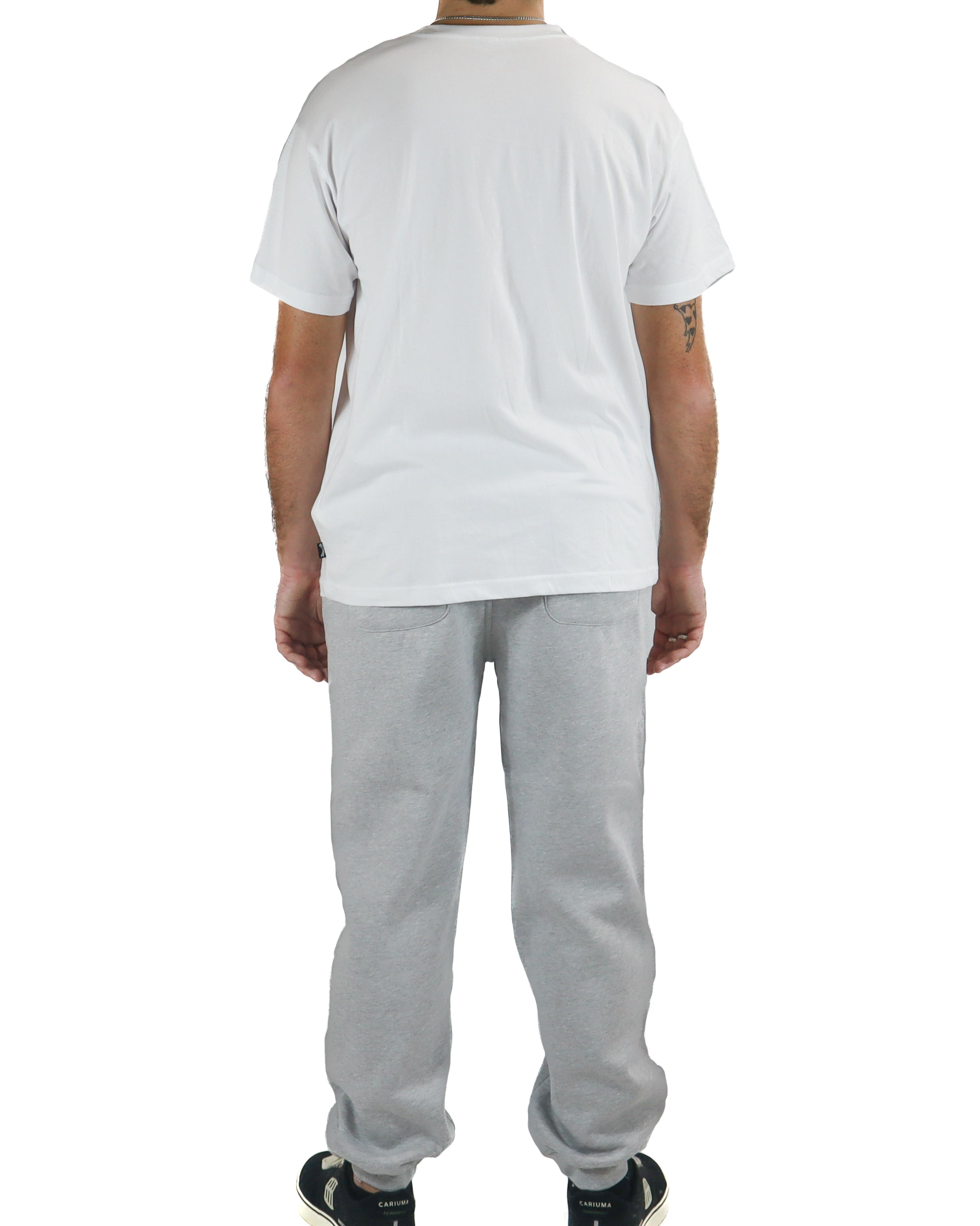 Rear view of relaxed fit grey trackpants with elastic cuffs and plain back