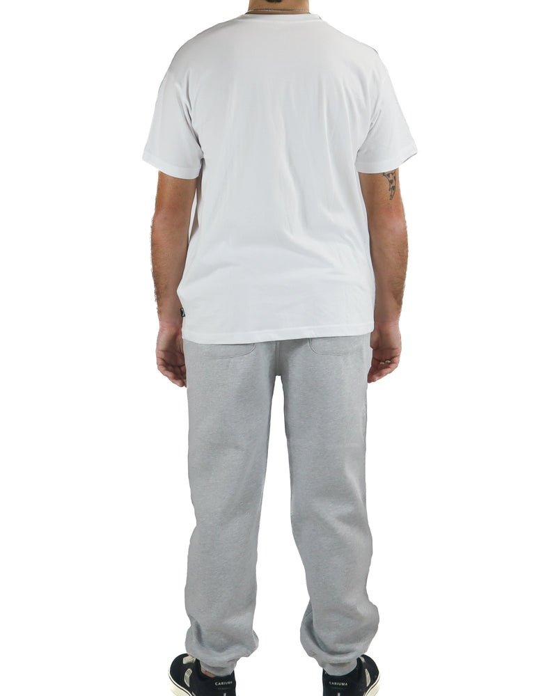 Rear view of relaxed fit grey trackpants with elastic cuffs and plain back