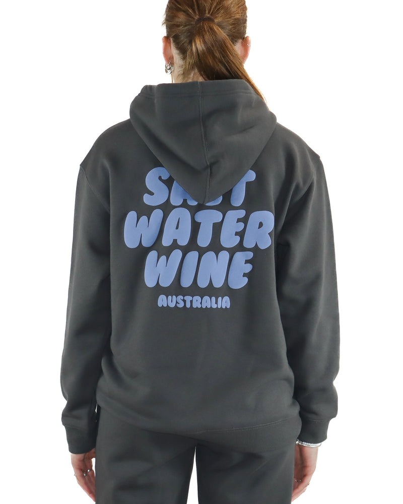 Charcoal hoodie with blue Salt Water Wine Australia logo on the back.