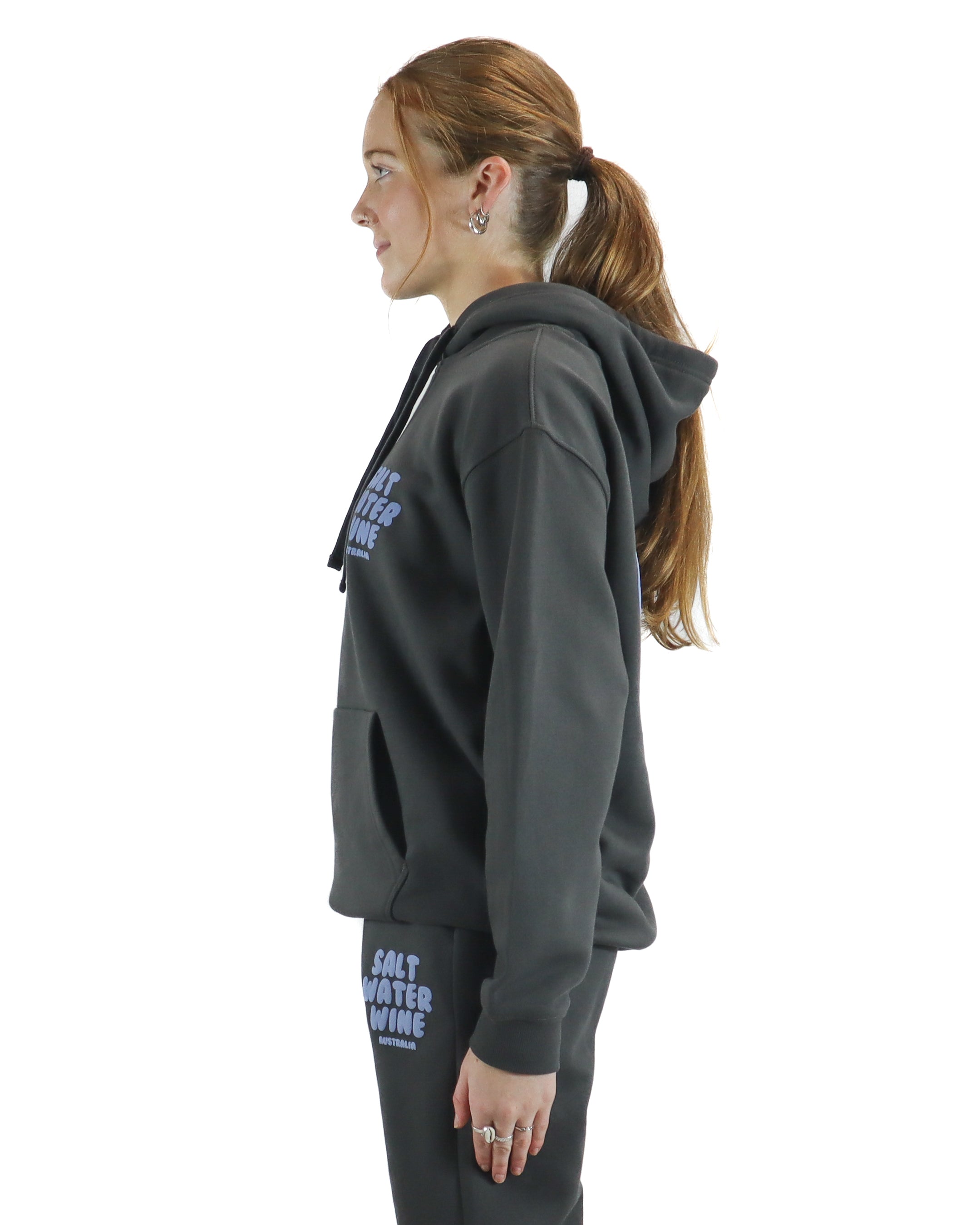 Side view of charcoal hoodie with front Salt Water Wine logo.