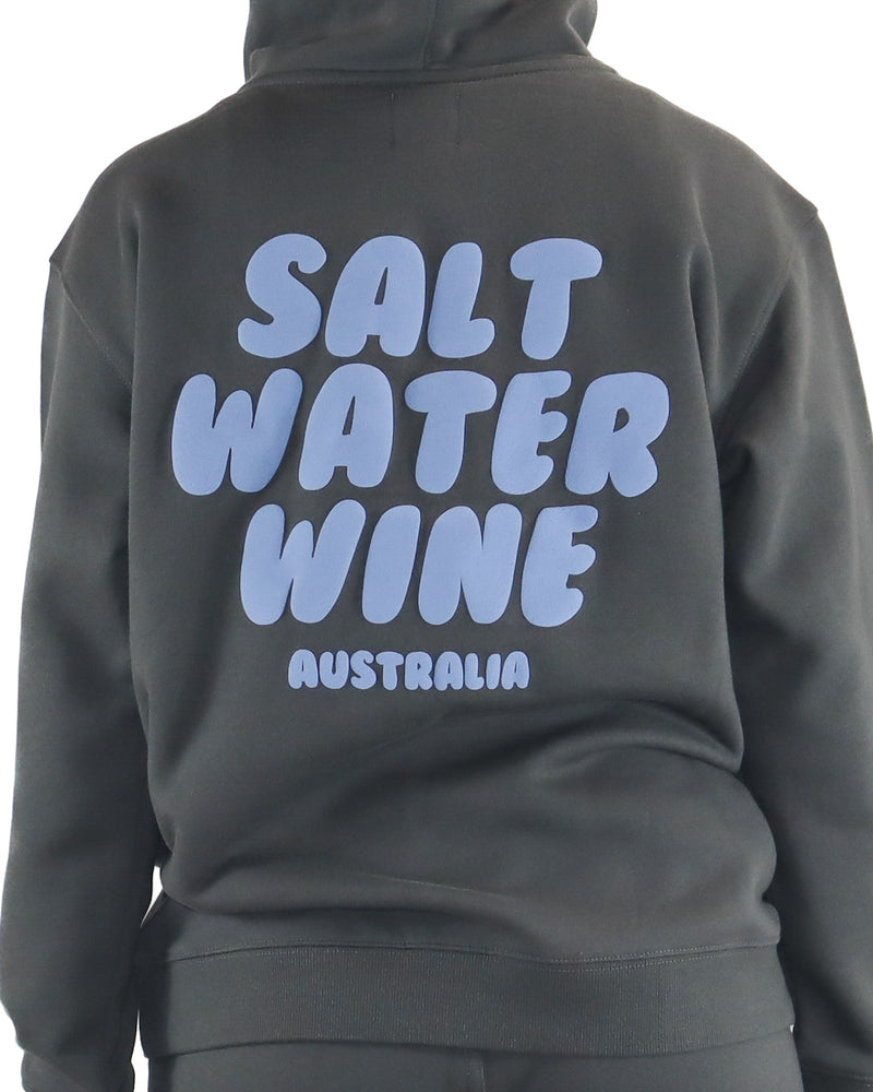 Close-up of blue Salt Water Wine Australia logo on the back of charcoal hoodie.