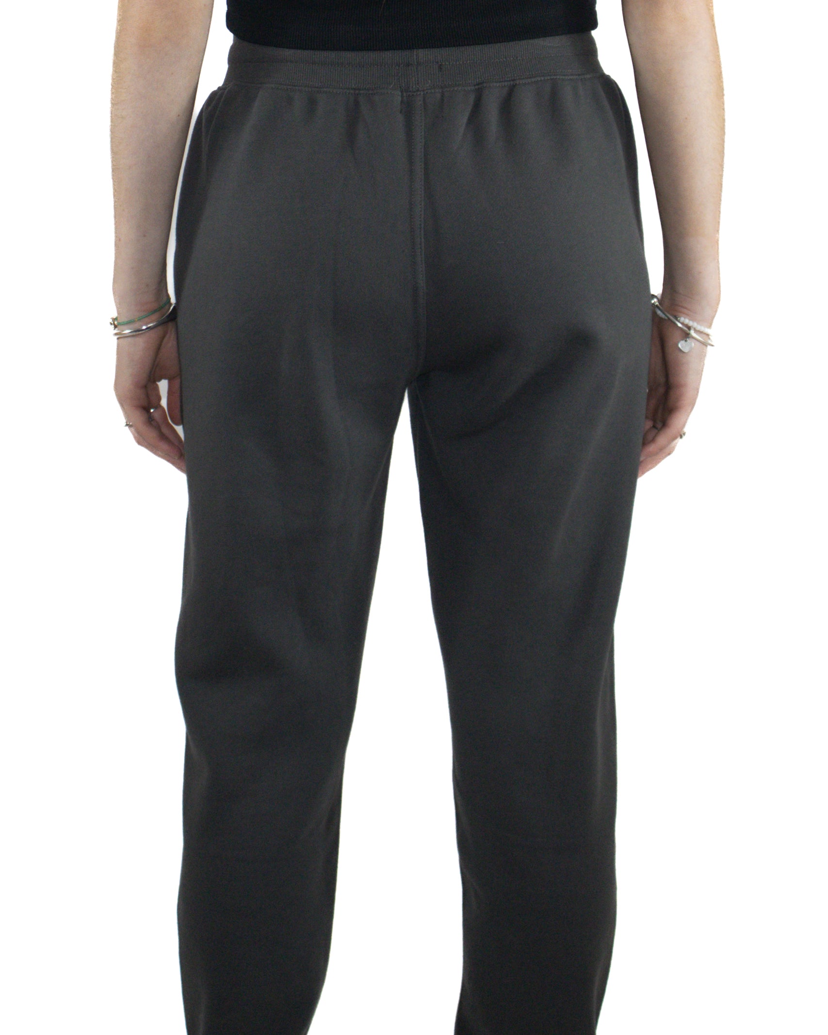 Charcoal trackpants with relaxed fit and elastic waistband, back view