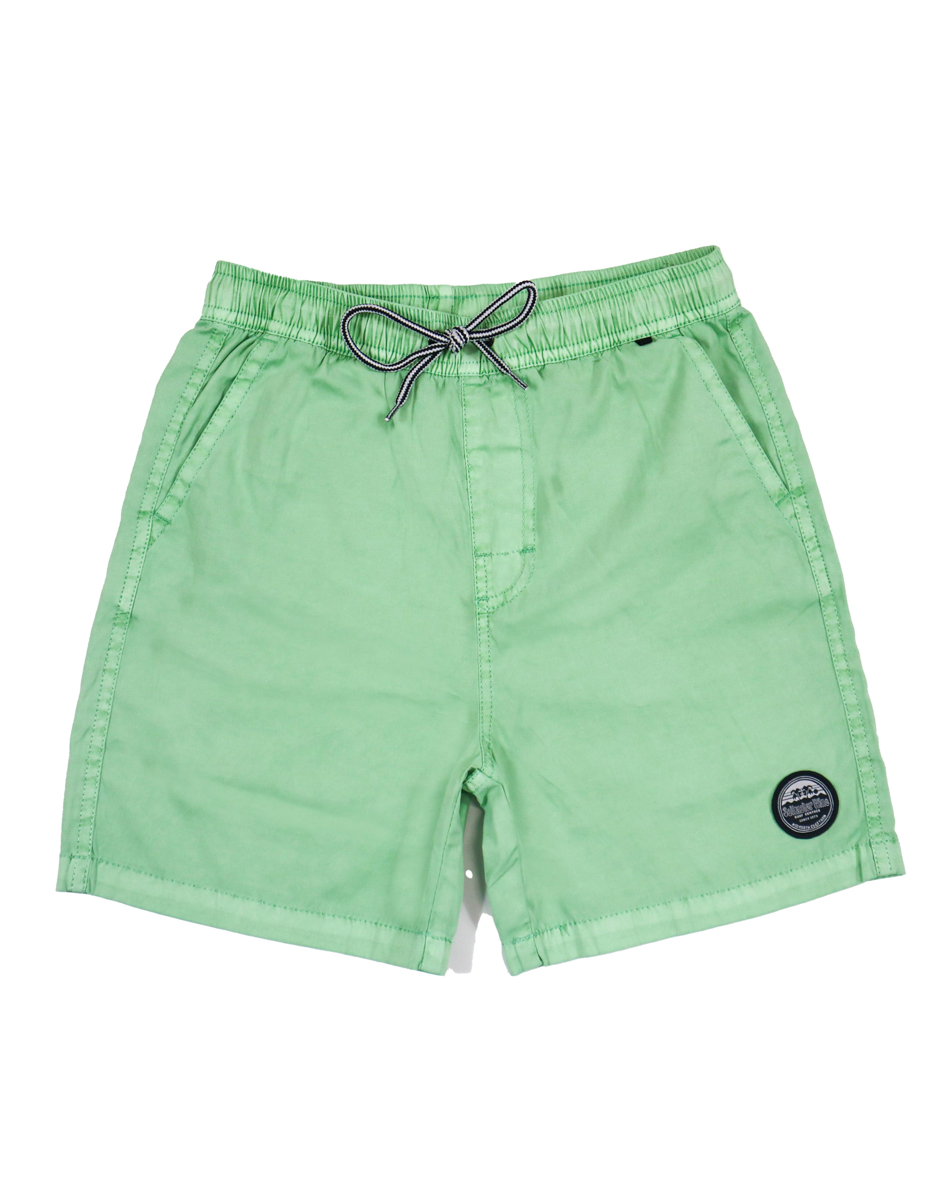 Light green board shorts with drawstring waist and Saltwater Wine logo patch.