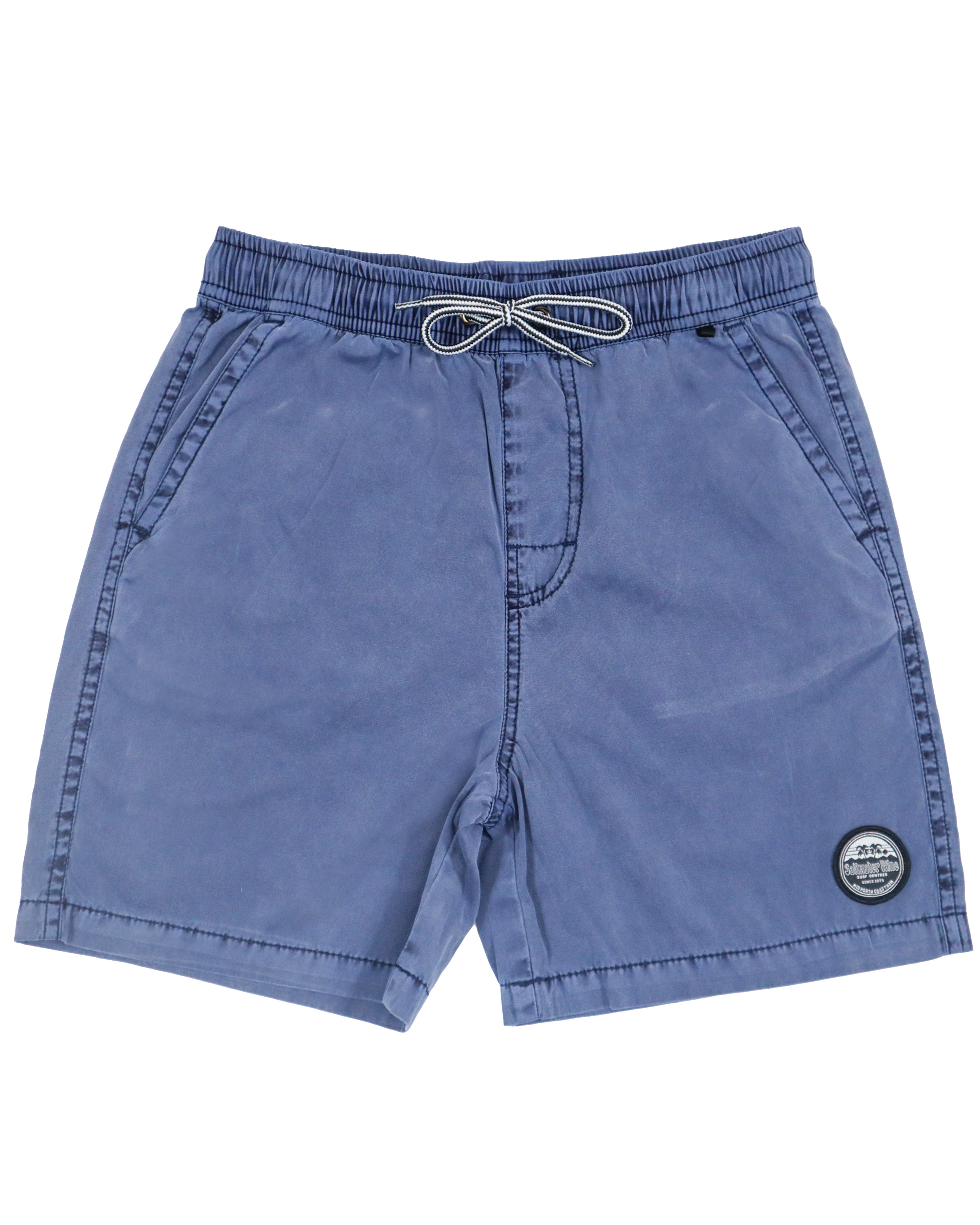 Front view of faded blue men's boardshorts with drawstring waistband and side pockets