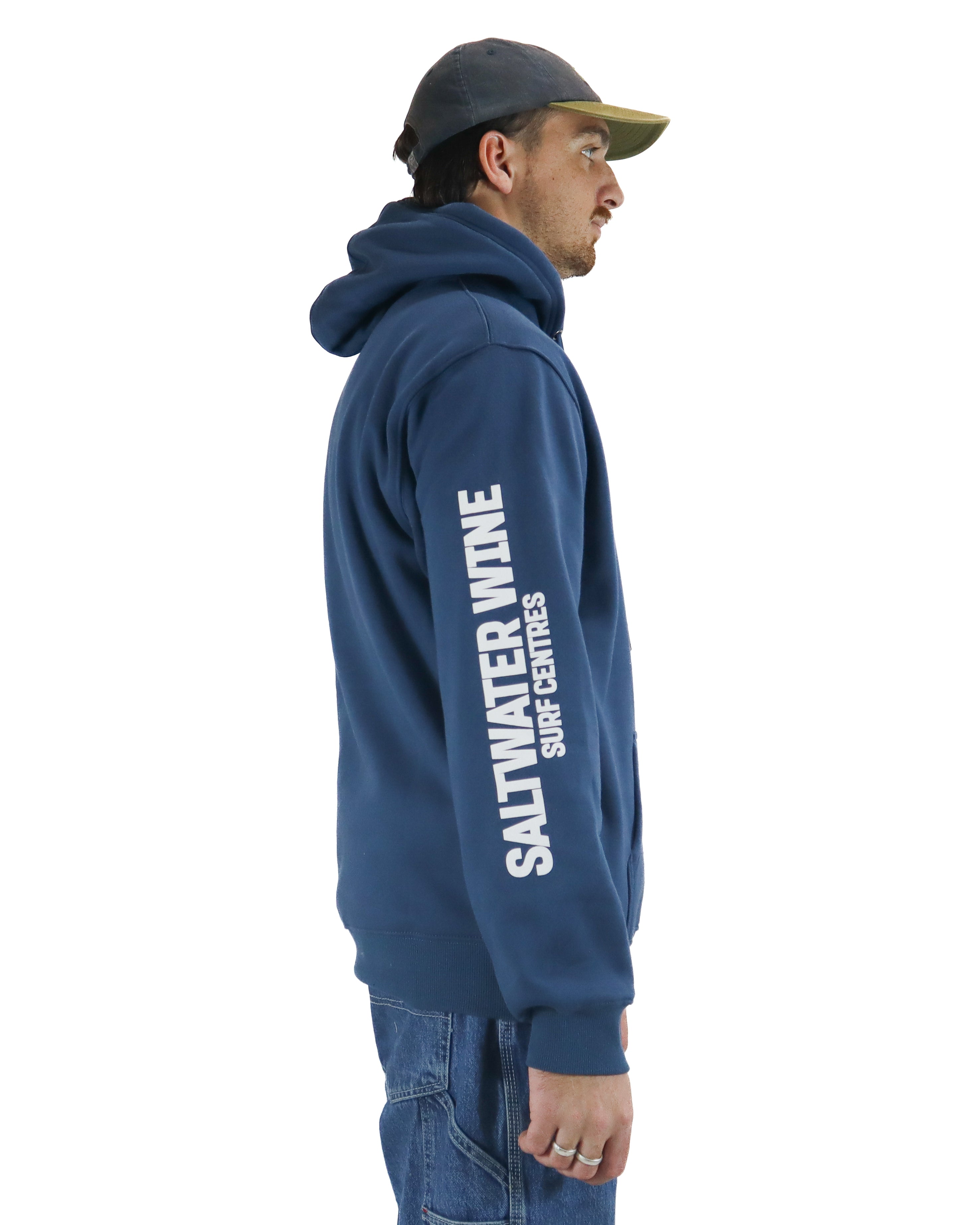 Side view of blue hoodie with bold Saltwater Wine Surf Centres print down the sleeve