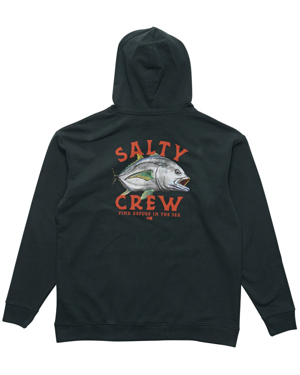 Black Salty Crew hoodie with a large fish graphic and 'Find Refuge in the Sea' text on the back, laid flat.