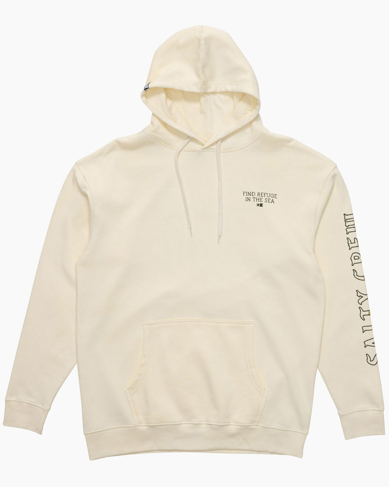 Cream Salty Crew hoodie with chest print saying Find Refuge in the Sea and a front kangaroo pocket