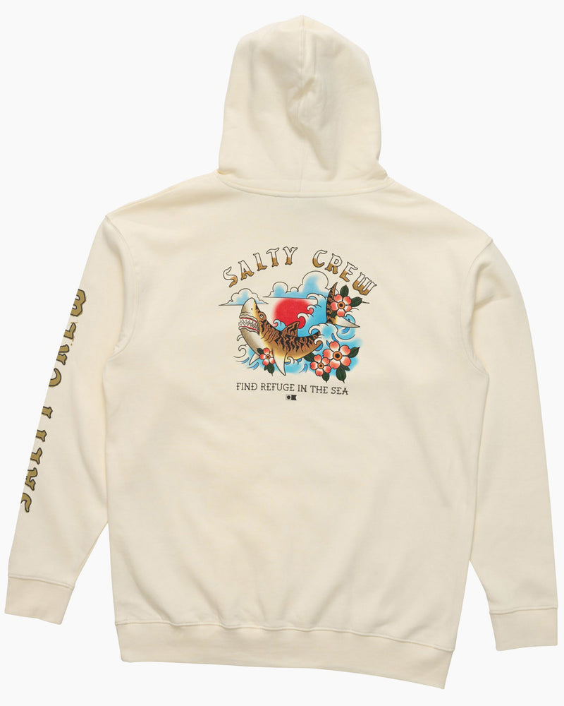 Cream Salty Crew hoodie with back graphic featuring a shark, flowers and Find Refuge in the Sea text