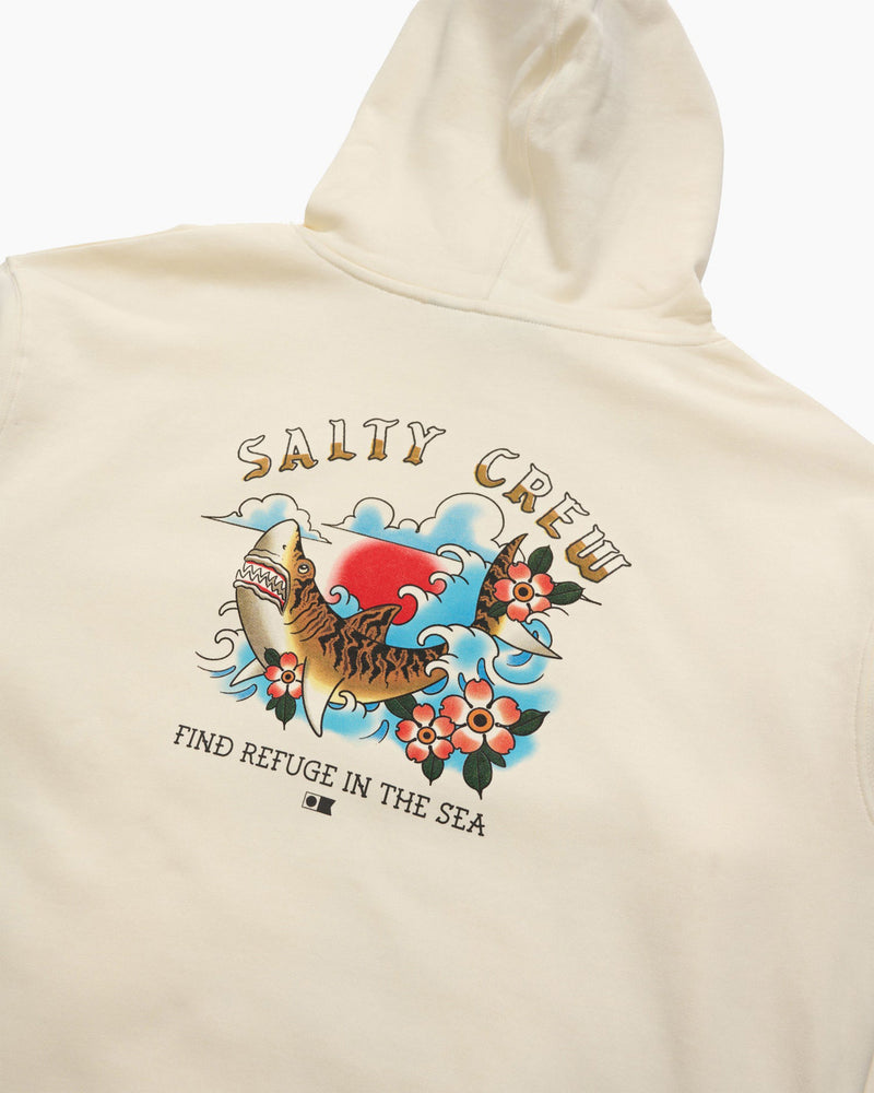 Back graphic close up with Salty Crew text, shark artwork, flowers and Find Refuge in the Sea branding