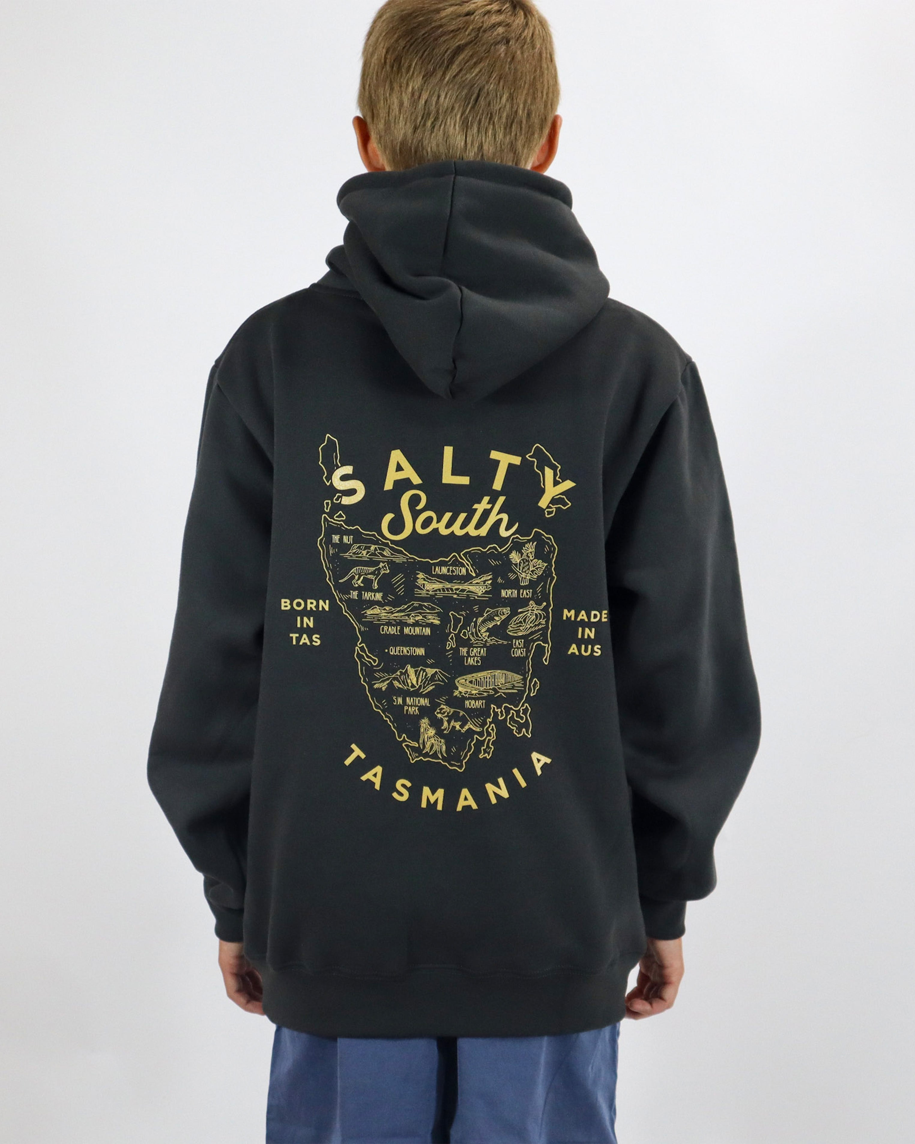 Back view of black Salty South hoodie featuring Tasmania map graphic with Born in TAS, Made in AUS print.