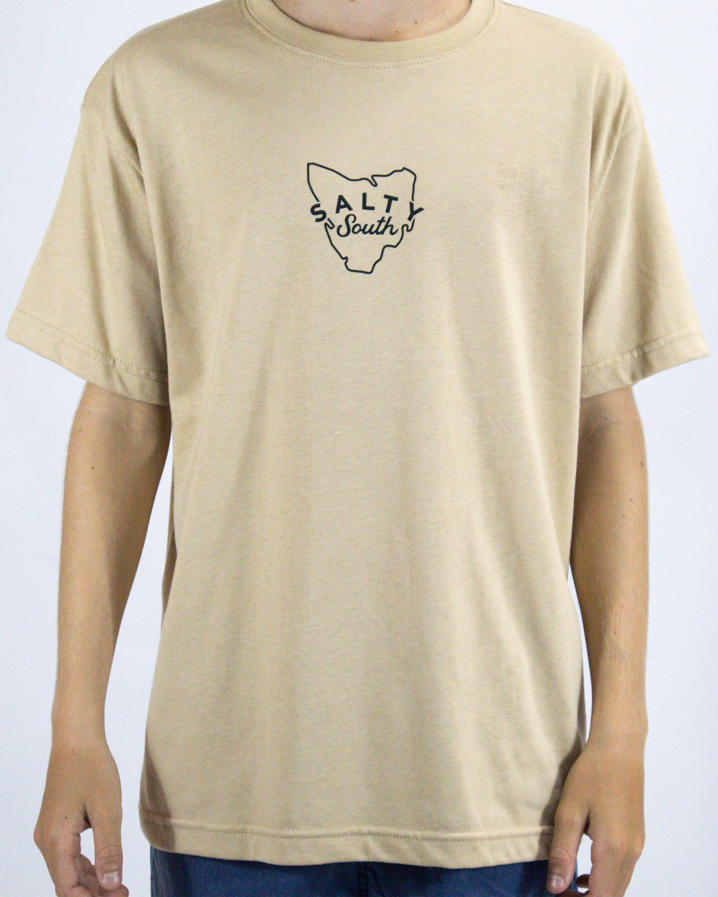 Tan Salty South t-shirt with Tasmania outline logo on chest, made from soft cotton in a relaxed fit.