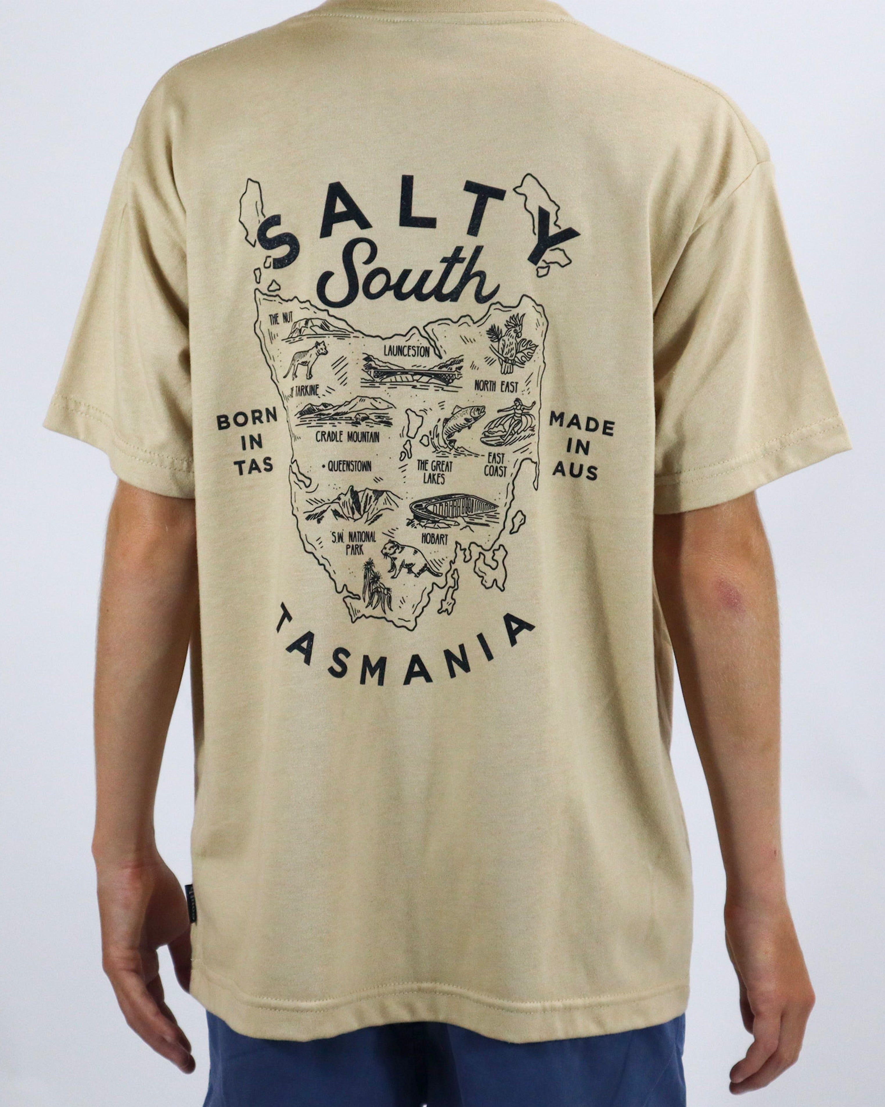 Back of tan Salty South tee featuring illustrated Tasmania map graphic with Born in TAS and Made in AUS print.
