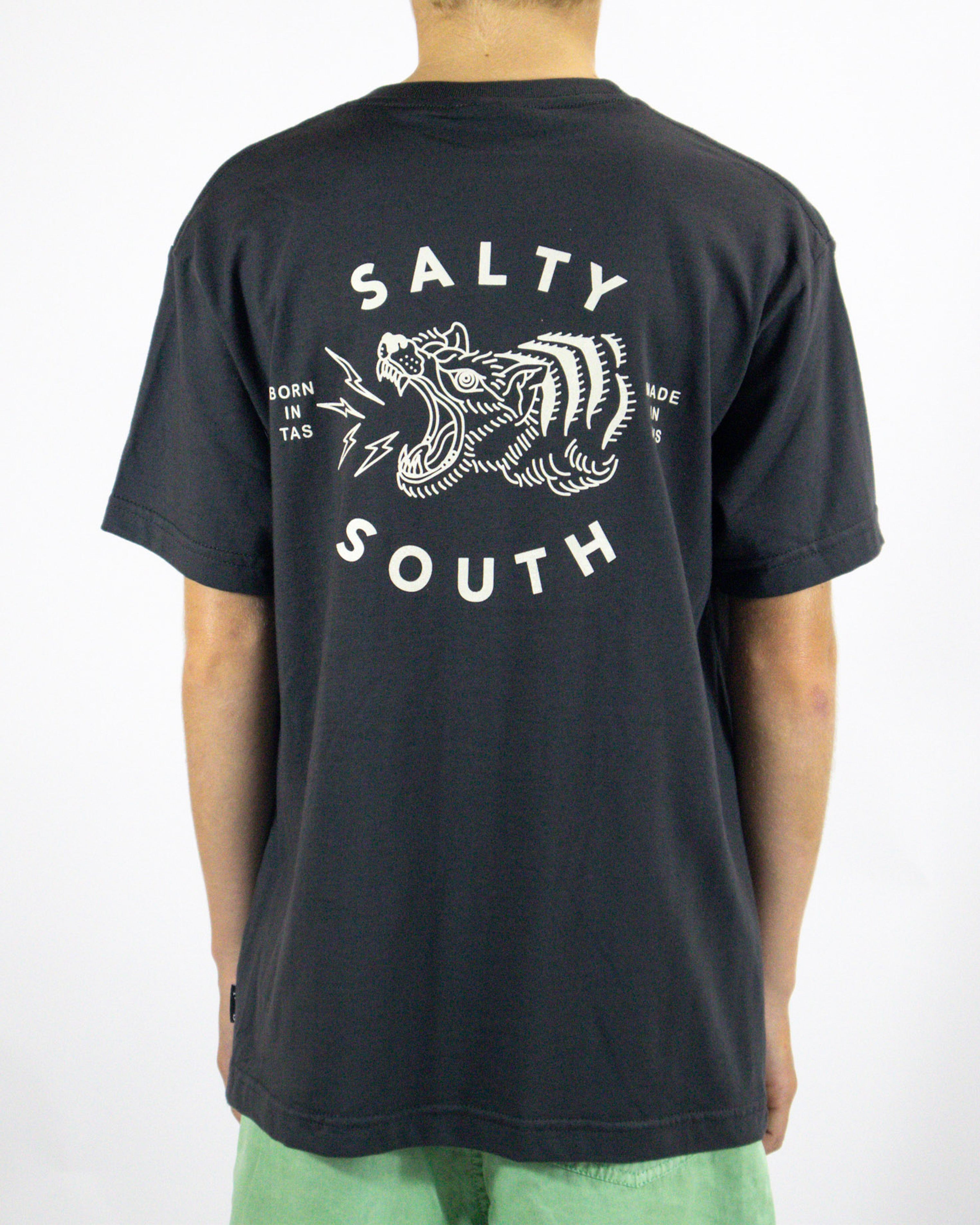 Back view of black Salty South t-shirt with bold roaring tiger graphic and Born in TAS, Made in AUS text.
