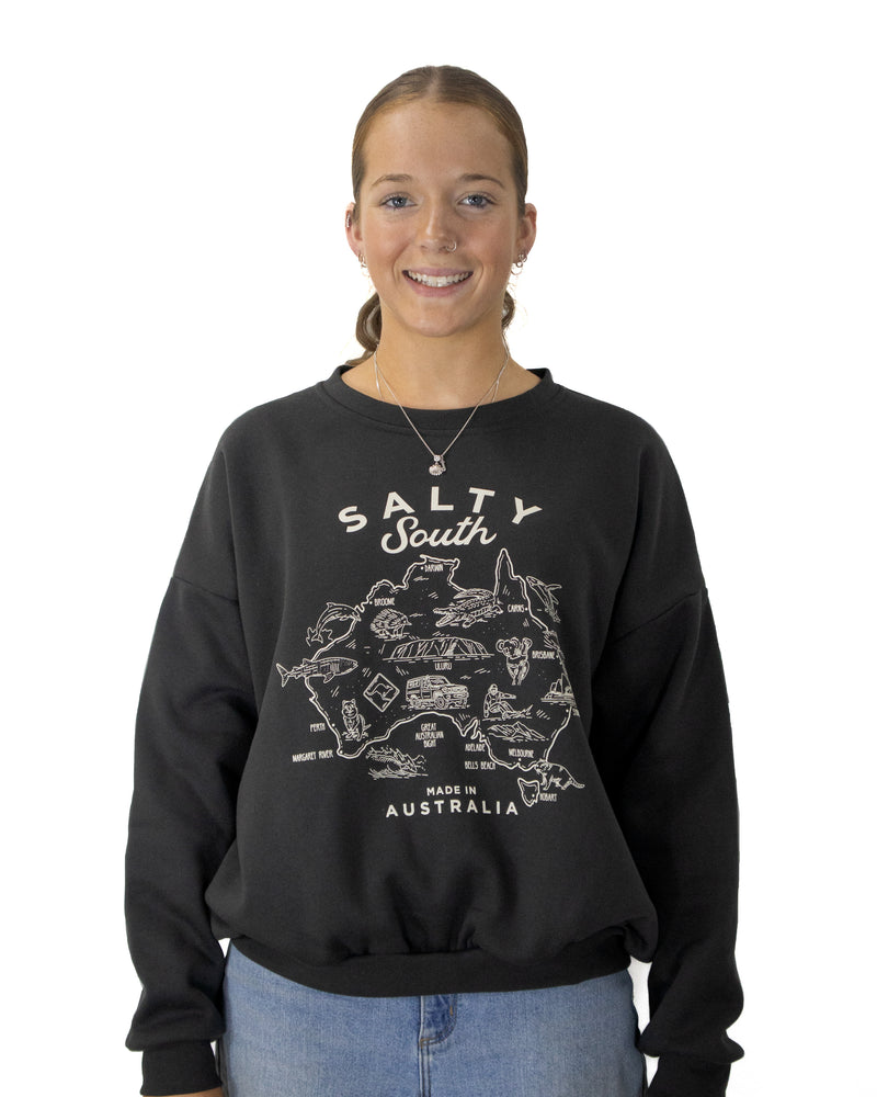 Front view of charcoal Salty South crewneck featuring bold Australia map illustration and relaxed fit